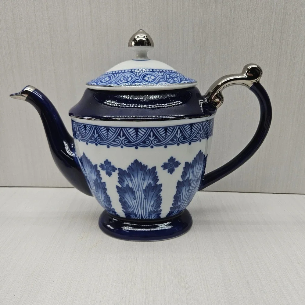 Bombay Blue White Porcelain Tea Set Teapot Sugar Creamer Silver Trim 3 Piece